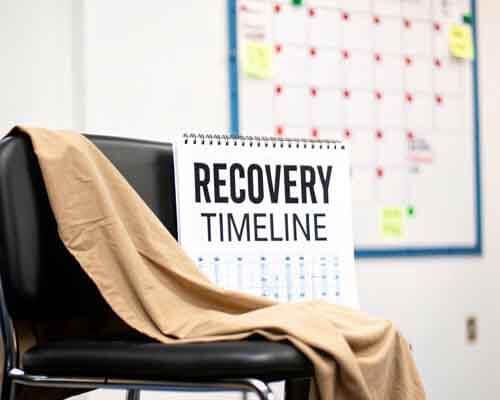 Image of a black chair and a calendar on top of it with the words recovery timeline